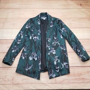 HM Jacket Womens 8 Green Floral Open Front Shawl Collar Longline‎ Blazer Coat